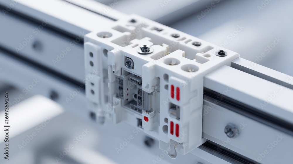Poster close-up of a modern industrial mechanical component with intricate details on a sleek metal structu