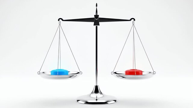 A balance scale weighing a red pill versus a blue pill, symbolizing a difficult choice or dilemma.