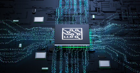 3D rendering of advanced LLM microchip integrated into futuristic circuit board for AI computing technology