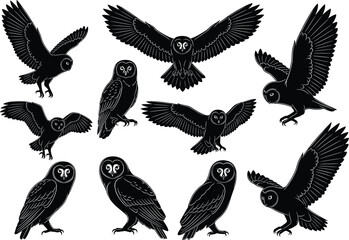 Set of owl silhouette illustrations, flying and standing positions, nocturnal bird vector, black and white wildlife design, forest raptor, predator icon