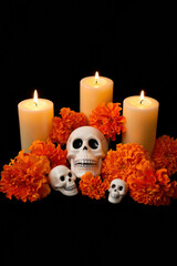 Día de Muertos Altar with Candles and Marigold Flowers