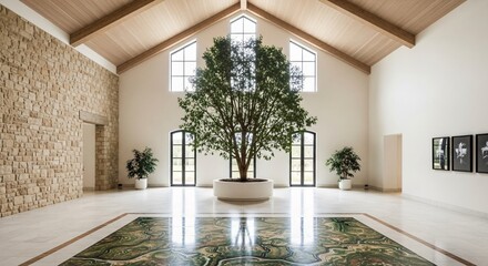 Stunning Spacious Modern Foyer with Stone Wall and Central Tree