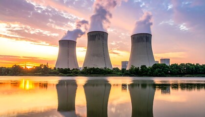Power plant at sunrise over water