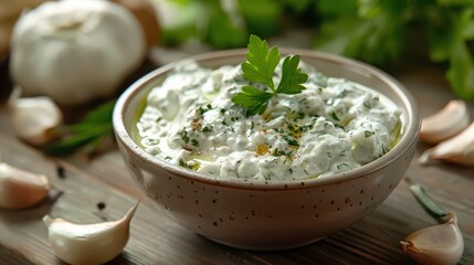 Delicious homemade tirokafteri dip in a bowl, a traditional greek spicy cheese spread with feta and herbs