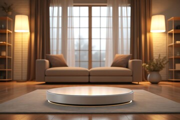 Modern Living Room with a Circular Display Platform in the Foreground and a Sofa by the Window interior