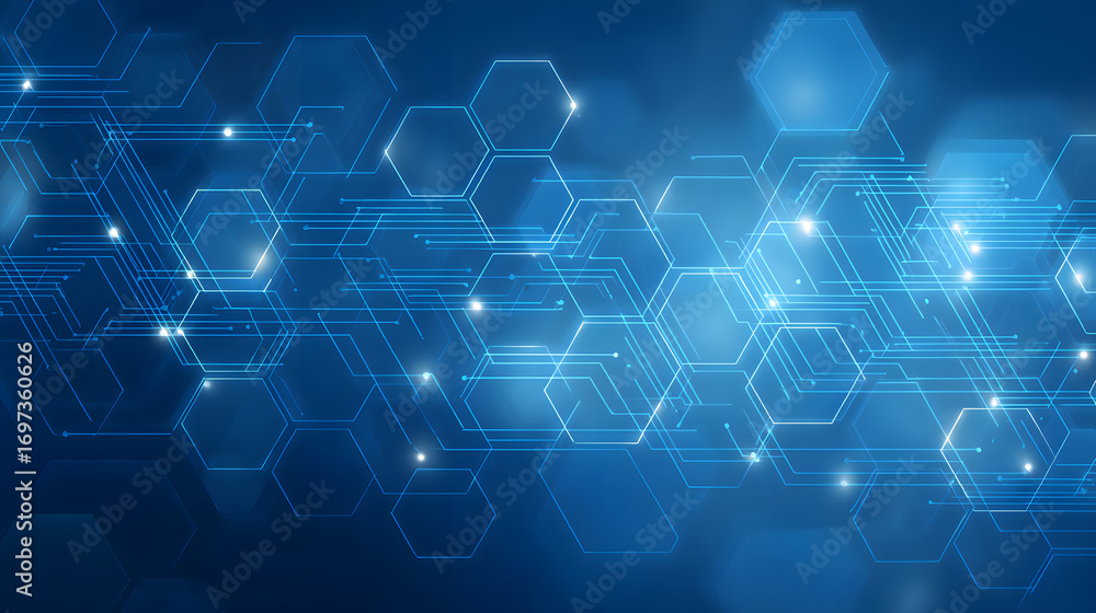 Poster blue tech background featuring circuit lines and hexgons, vector design for buiness, technology, or 