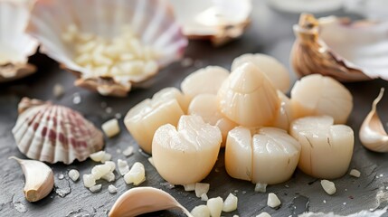 Fresh raw scallops and garlic on a gray surface with shells, ready to be cooked for a seafood dish