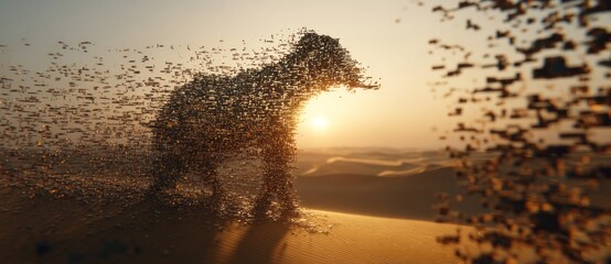 An animal figure disintegrates into pixelated particles amidst a vast, sun-drenched desert landscape at sunset
