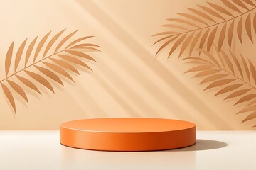 Obraz premium Orange Cylindrical Display Platform with Palm Leaf Shadows on a Peach Background podium cylinder