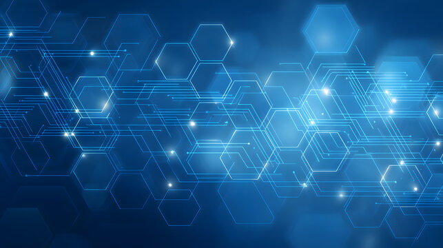 Blue tech background featuring circuit lines and hexgons, vector design for buiness, technology, or sciece themes.