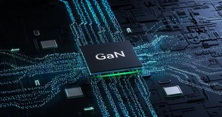 3D Rendering of GaN (Gallium Nitride) Semiconductor Chip on High - Tech Circuit Board for Power Electronics Visualization