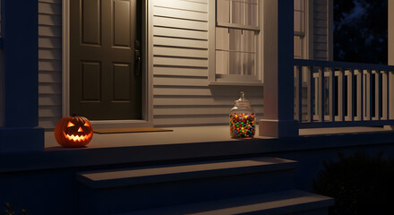Halloween Night: Lit Pumpkin and Candy Jar on a Suburban Home's Porch