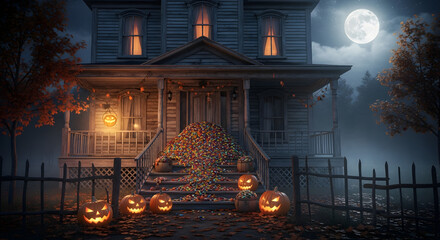 Spooky Halloween House with Candy Pile and Jack-o'-lanterns Under Full Moon