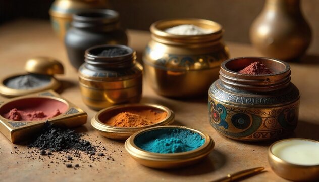 Close-up shot of ancient Egyptian-style cosmetic jars and tools, including kohl, eye palettes, and canopic jars, suggesting beauty rituals of the pharaohs , egypt, egyptian