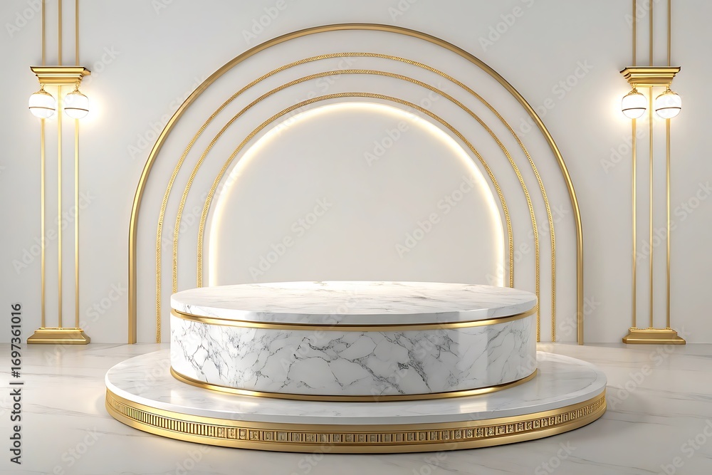 Poster luxurious marble and gold display podium with arched backdrop and ornate columns stage platform