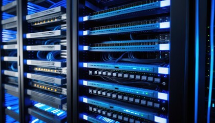 Modern data center server racks with advanced networking hardware and blue LED lights organized in a professional IT infrastructure environment