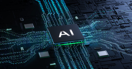 Digital Art Showcasing Advanced AI Processor on High - Tech Motherboard with Illuminated Circuits for Tech Presentations