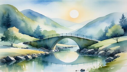 Serene watercolor landscape painting depicting a peaceful mountain scene with a bridge over a calm river du sunrise, surrounded by green trees and misty hills
