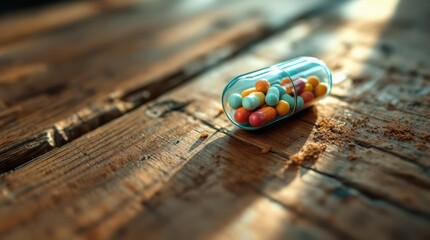 Transparent Capsule Filled with Colorful Pills on Rustic Wooden Surface.