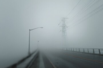 Misty Landscape with Power Lines and Empty Road in Dense Fog Capturing a Serene Atmosphere and Mysterious Vibe