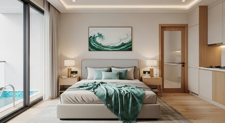 Serene Bedroom Retreat with Ocean Art and Private Pool View