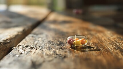 Close-up of a small, colorful object on a wooden surface.