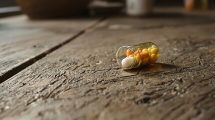 Small Colorful Candy Spilled on a Rustic Weathered Wooden Surface.
