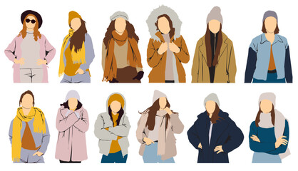 group of people wearing winter warm clothes autumn fashion jacket sweater scarf hat boots warm winter wear vector illustration