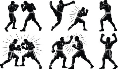 Boxing Silhouettes – Dynamic Fighting Poses, Punches, Victory Stance, and Action Illustrations of Male Boxers in Black Vector Style