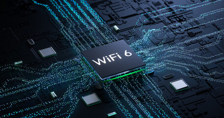 3D rendering of WiFi 6 chip integrated into electronic circuit board with glowing data connections for tech industry visuals