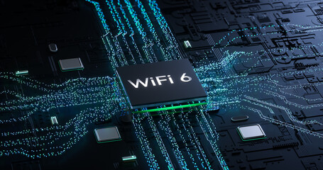 Digital Art Depicting WiFi 6 Chip on a High - Tech Circuit Board for Illustrating Next - Gen Wireless Network Innovations