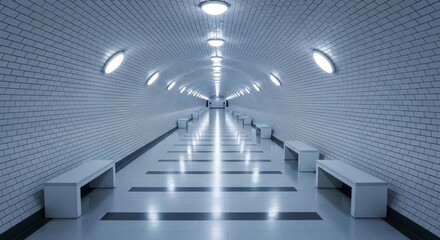 Modern Subway Tunnel with Clean White Tiles and Bright Lights