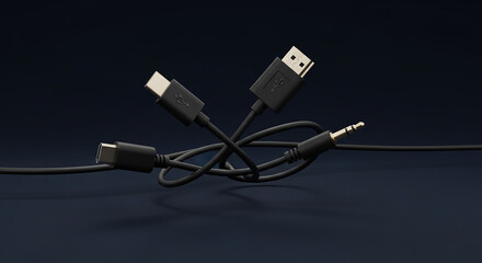 Hdmi, usb and jack audio cables tangled on dark background