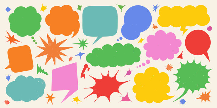 Vibrant collection of colorful comic book style speech bubbles and starbursts on a light background