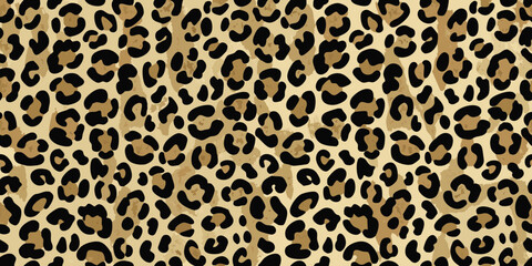 Seamless leopard print pattern with black spots on a tan background for fashion and design