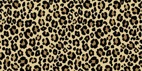 Classic leopard print seamless pattern with black and tan spots on beige background