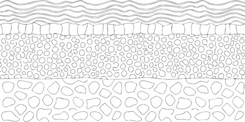 Abstract cross section of layered organic material with wavy top and granular and irregular shapes below