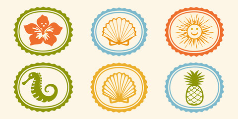 Collection of six circular emblems featuring tropical and beach themed icons like a flower shells sun seahorse and pineapple © Lalin