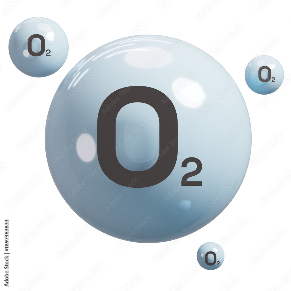 Fototapete oxygen o2 molecules on transparent background. 3d rendering style symbol