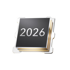 3D rendering of a futuristic computer chip with "2026" text on transparent background for tech innovation concepts 