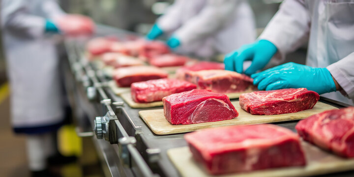 Workers in meat processing facility handle raw beef cuts on conveyor belt, wearing protective gloves and white coats, ensuring hygiene and quality control