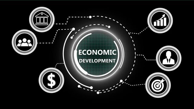 A Economic Development concept button on a futuristic .Business, Technology and network concept. successful business concept on black background with alpha channel. 4k video animation