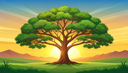 Vector illustration of a landscape with green trees, grass, and a blue sky with clouds