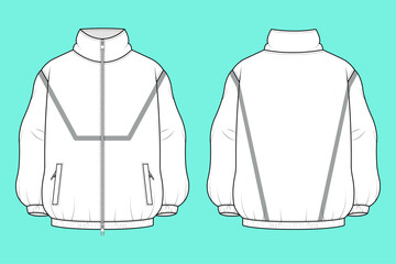 Men's Activewear Zip Through High Neck Jacket Fashion Flat Sketch CAD Mockup Template.