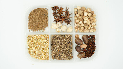 A vibrant array of spices, such as cloves, cinnamon, and nutmeg, are laid out, highlighting Indonesia's historical role in the spice trade and its rich flavors.