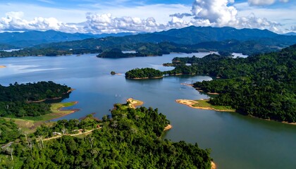 Scenic lake surrounded by lush green mountains
