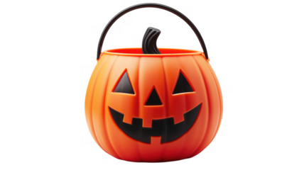Festive orange jack o lantern bucket perfect for trick or treat celebrations on transparent background