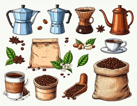 Coffee Brewing Process Illustration: Beans, Equipment, and Cups