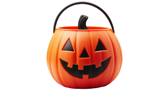 Festive orange jack o lantern bucket perfect for trick or treat celebrations on transparent background