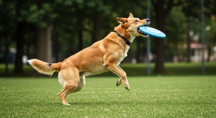 Dog catching frisbee on green grass